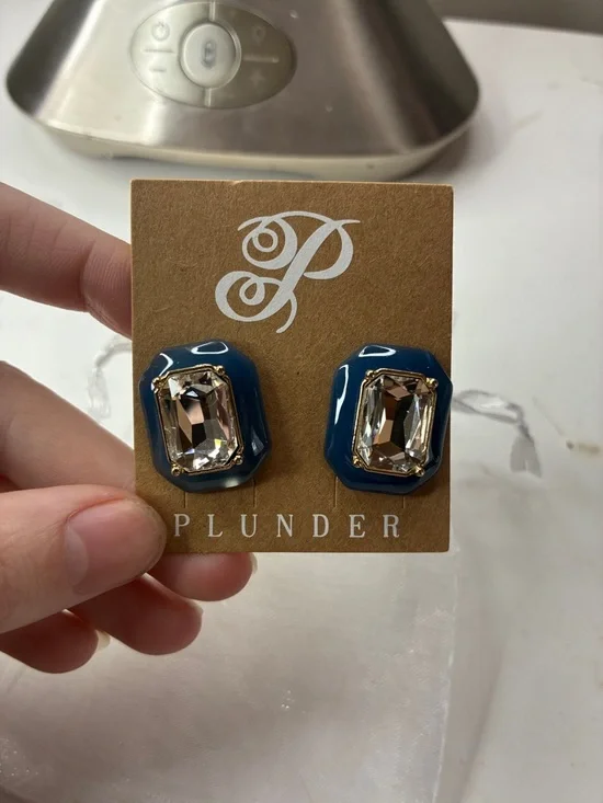 Plunder Navy and Clear Rectangular Crystal Stud Earrings Set of Two NWT - Picture 3 of 5